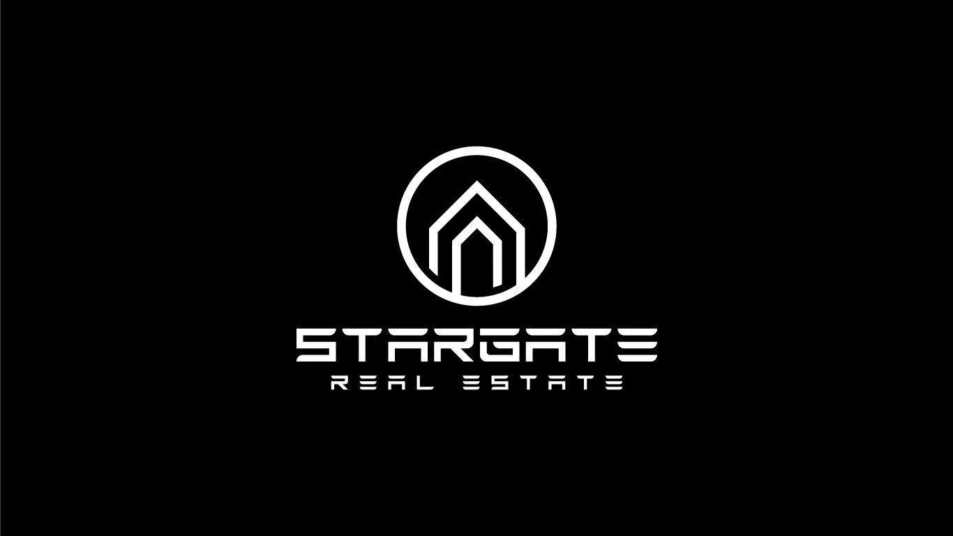 A black background with a white logo of a stylized house inside a circle, accompanied by the text 'STARGATE REAL ESTATE' in a modern font.