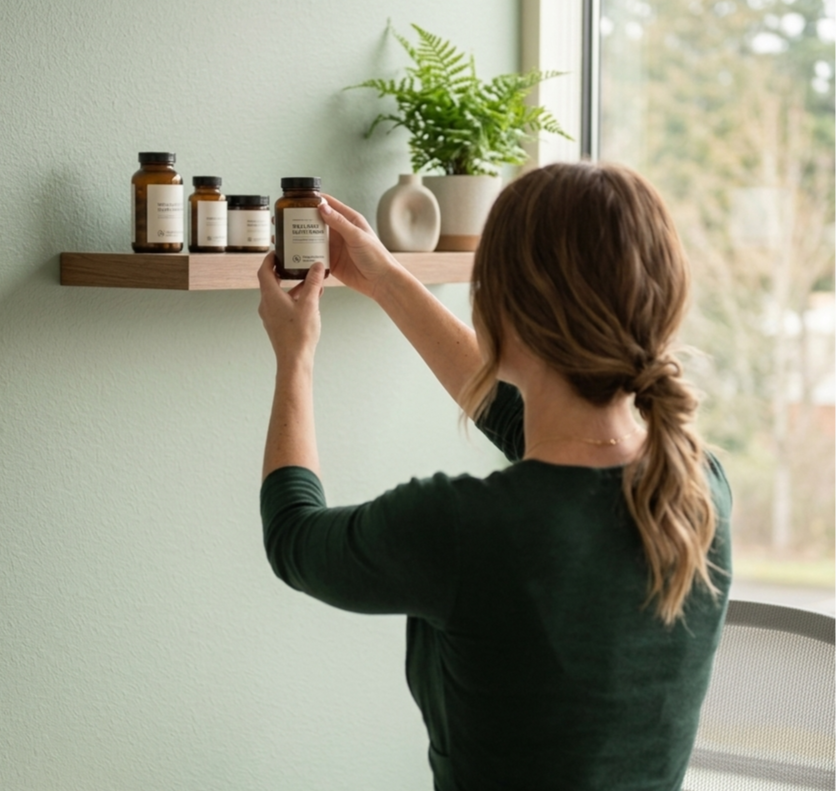 A woman with brown hair in a loose bun reaching for a medicine bottle on a wall-mounted wooden shelf. The shelf also holds other medicine bottles and a white potted fern. She is near a window with a view of trees outside.