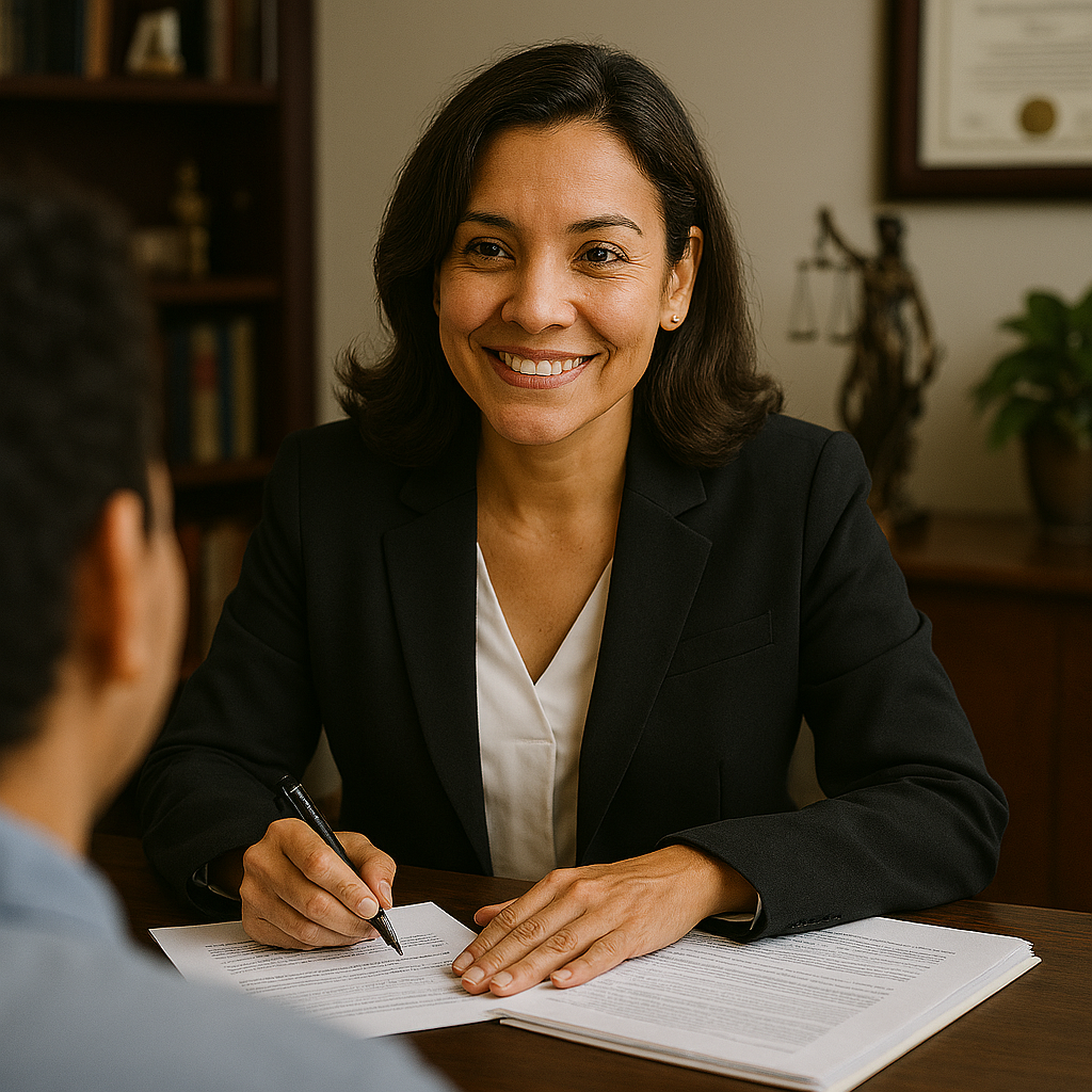 Abogada de Inmigracion honesta y amable dando una buena noticia a un cliente
