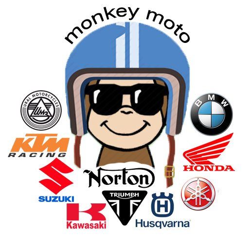 Cartoon monkey wearing a blue motorcycle helmet with sunglasses, surrounded by motorcycle brand logos including BMW, Honda, Suzuki, Kawasaki, KTM Racing, Husqvarna, Triumph, and Yamaha.
