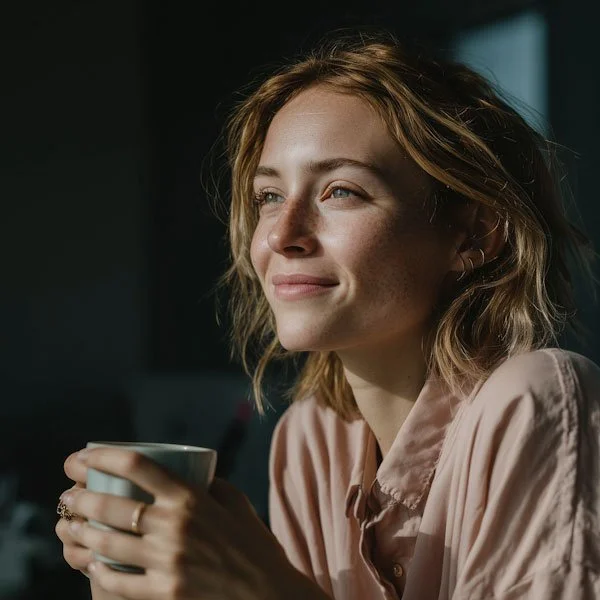 Woman with mug looking content