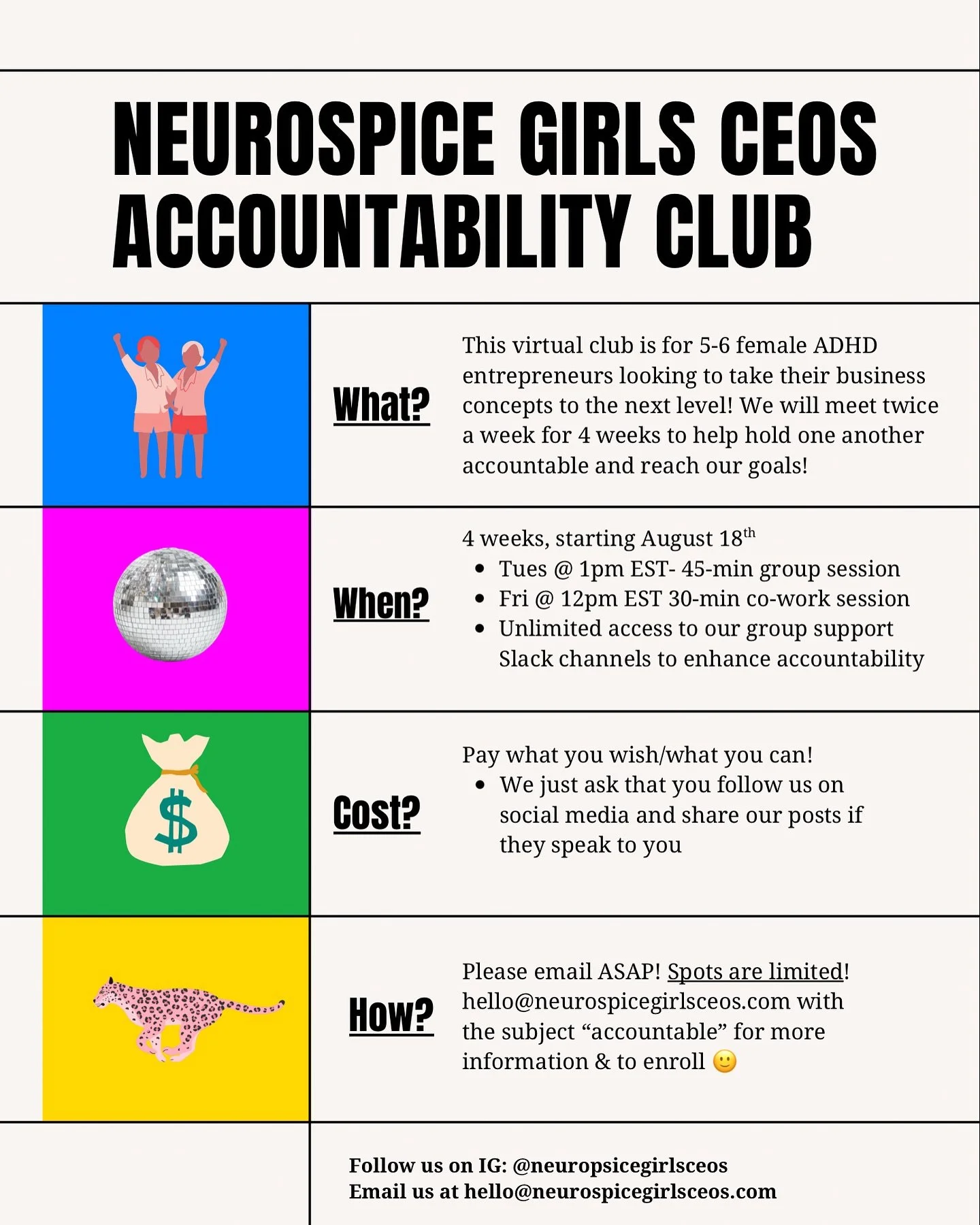 Wanted: 2 more female ADHD entrepreneurs 👯&zwj;♀️to join a 4 week accountability group held by two ADHD therapists and coaches! 

Details in the flyer above! If interested comment &ldquo;✨😎💰&rdquo; and we will reach out! First come first serve! 

