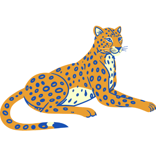 Neurospice Girls CEOs, Stylized illustration of a spotted jaguar lying down, with a mix of orange and white fur and blue spots.