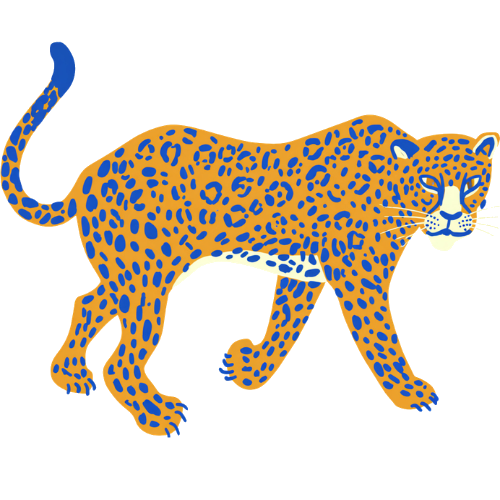Neurospice Girls CEOs brand illustration of a leopard with orange fur and blue spots walking.