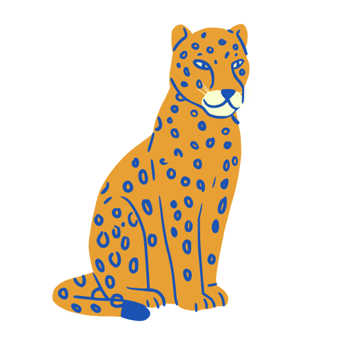 Neurospice Girls CEOs illustration of a blue spotted leopard sitting admiring client testimonials