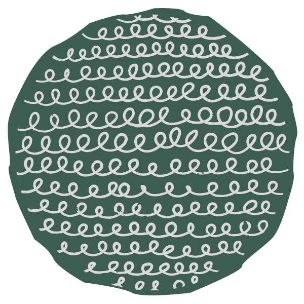 Curly white Iines on a forest green, organic-shaped circle.