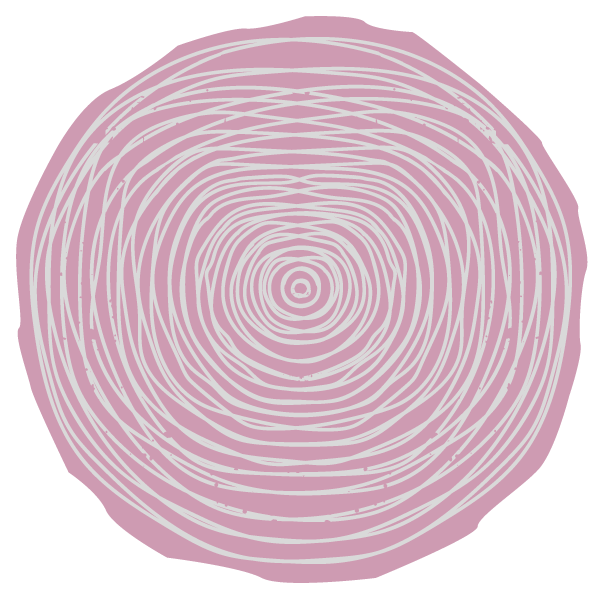 White circular lines on a rose colored, organic-shaped circle.