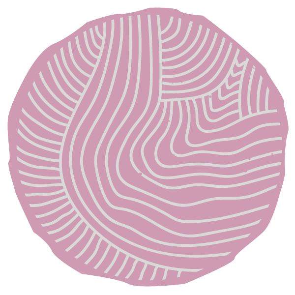 Sketch of wavy white lines on a rose colored, organic-shaped circle.