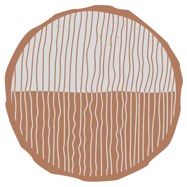 Brown, organic-shaped circle with sketched lines. The circle is divided in half with one half being brown and the other white.