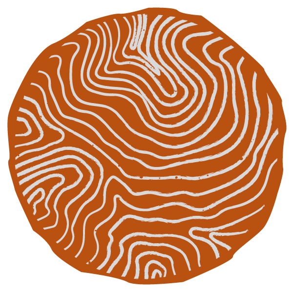 Sketch of irregular wavy white lines on a copper, organic-shaped circle.