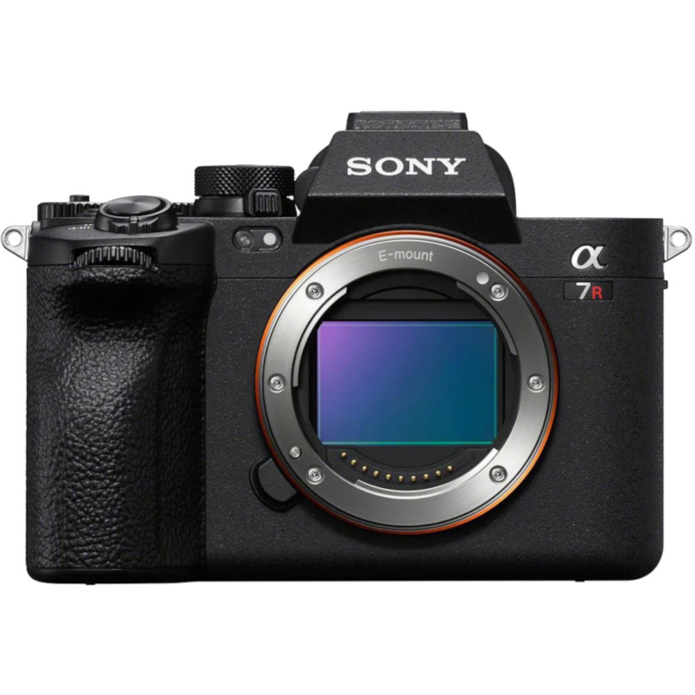 Sony Alpha 7R camera body with lens mount, black textured grip, and electronic viewfinder.