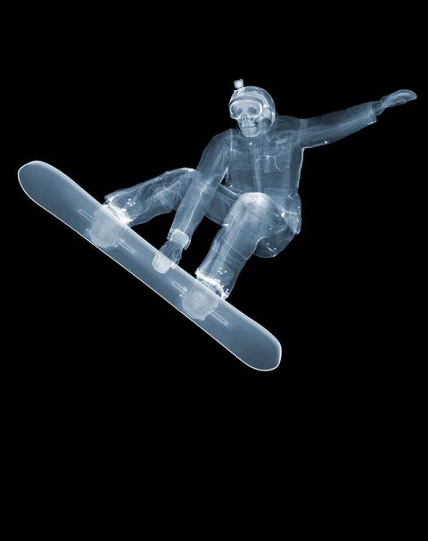 Snowboarder 2018 X-ray photography printed on C-Type and mounted on Diasec Signed by artist [47 x 59”] [40 x 50”] [23 x 29.5”] Inquire
