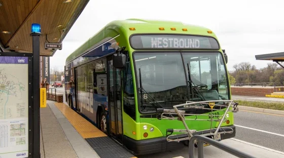 A GRTC Pulse bus pulls into the East Riverfront station.