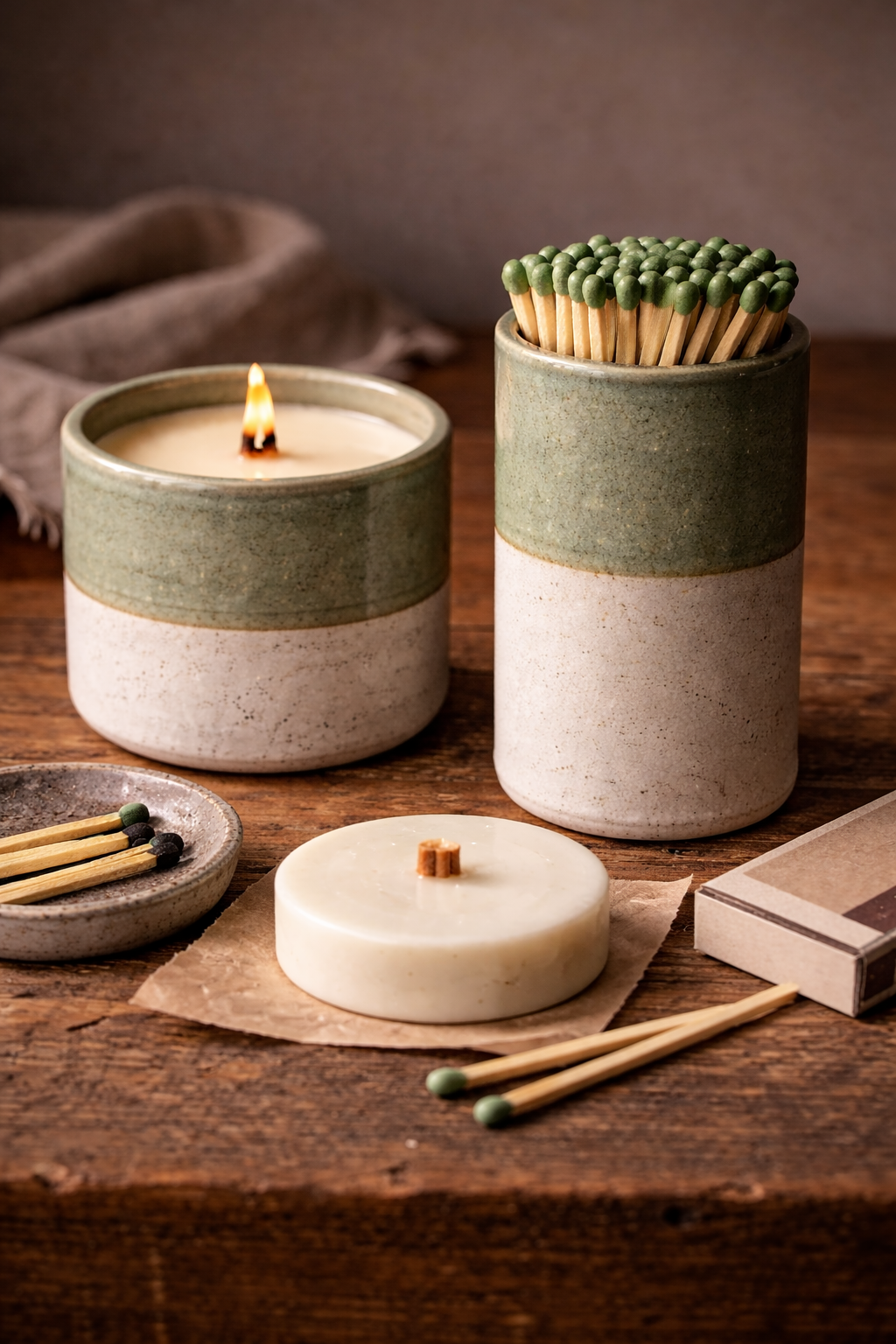 Ceramic Candle with Ceramic Matchstick Holder and Wax Refil