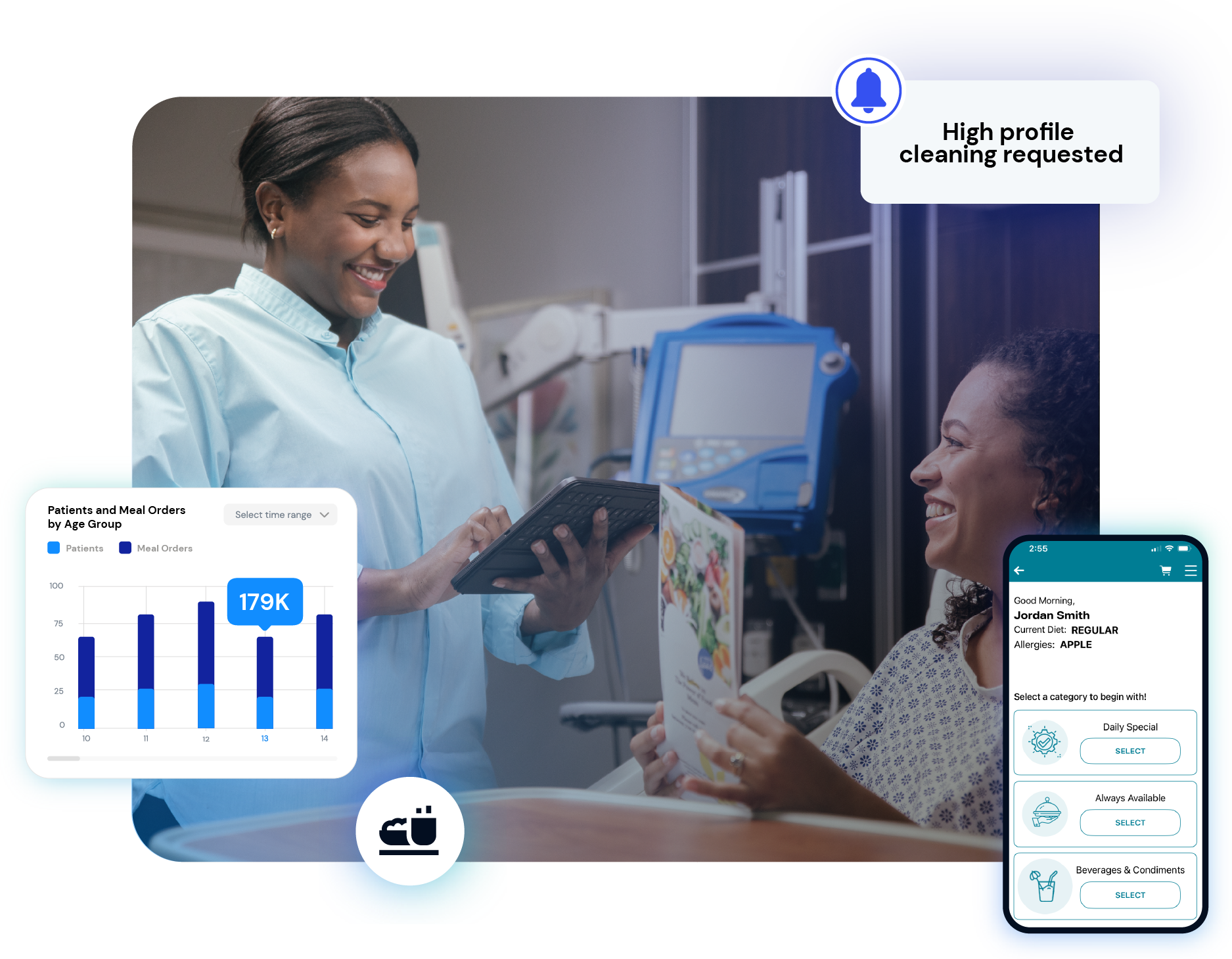 Healthcare Digial Associate Interacting with Patient Surrounded by Tech