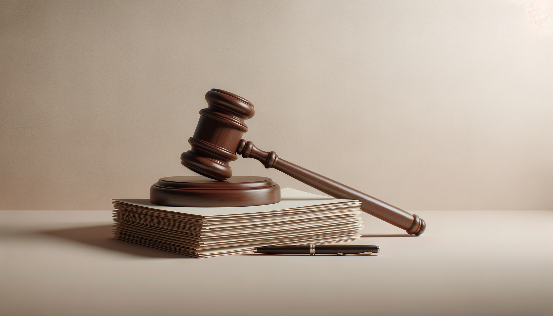 Judge's gavel resting on a stack of legal documents, with a pen nearby.