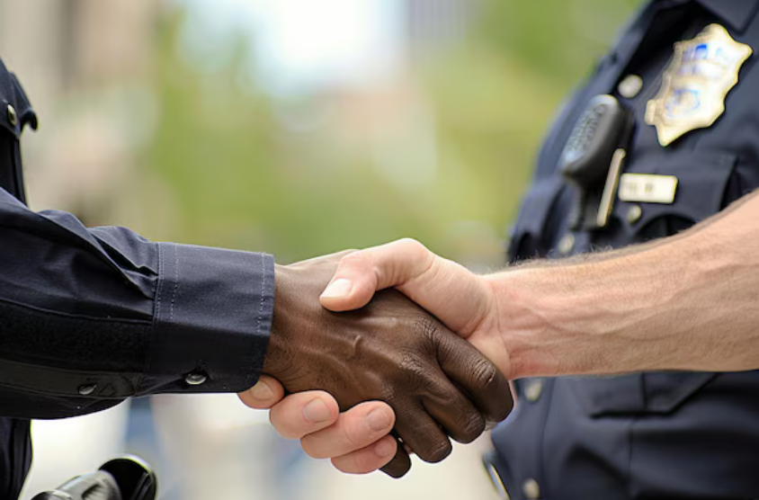 Close-up of a handshake between a Black person and a White person, with a police officer in uniform in the background.
