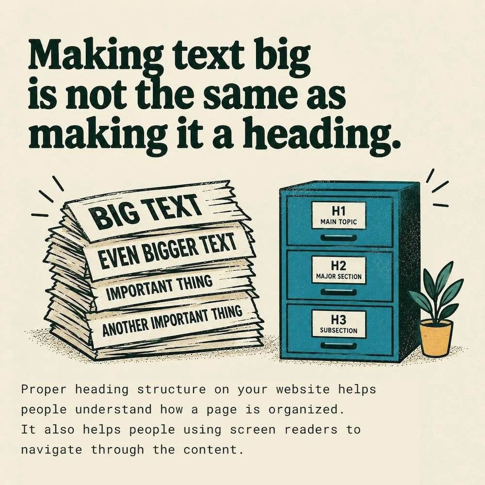 Illustration of a messy stack of papers labeled Big Text, Even Bigger Text, and Important Thing, next to a tidy filing cabinet with drawers labeled H1 Main Topic, H2 Major Section, and H3 Subsection.