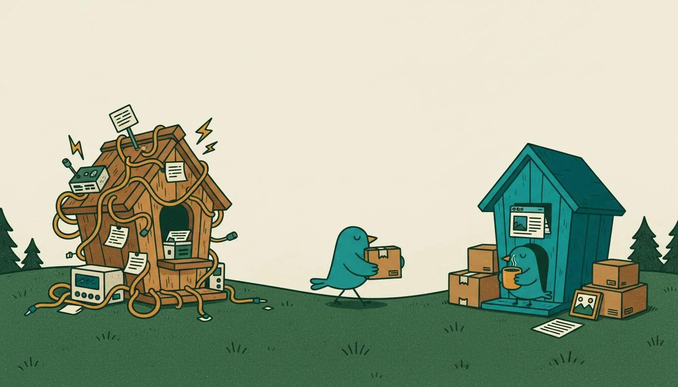 Illustration of a bird carrying a moving box from a cluttered wooden birdhouse tangled in cables and covered with sticky notes to a tidy teal birdhouse, where another bird waits in the doorway with a cup of coffee.
