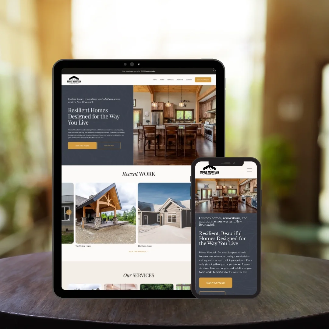 Screenshot of a construction company's website on a tablet and smartphone, showing home renovation projects and services.