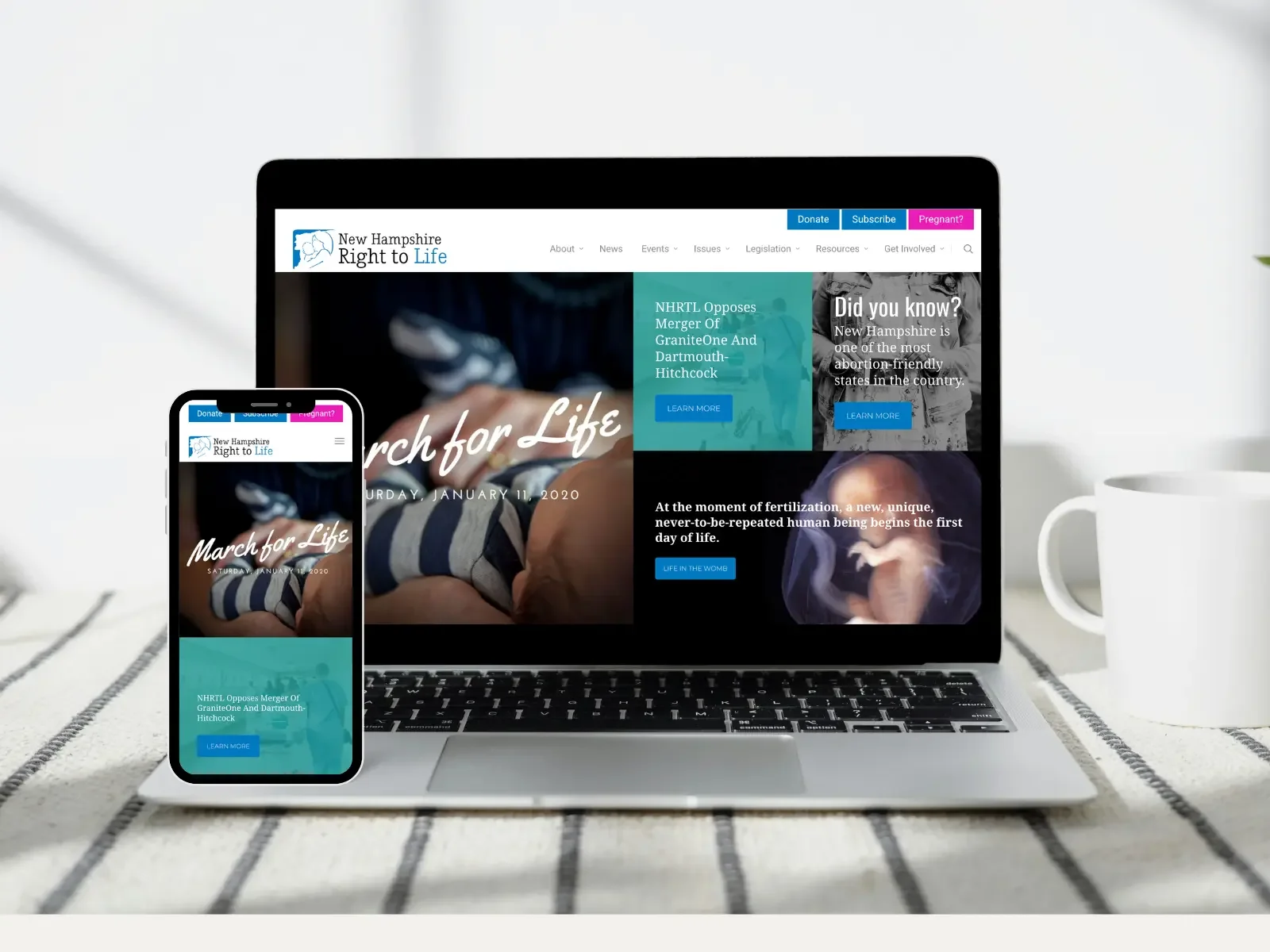 A laptop and smartphone displaying the website Open Tree Creative designed for New Hampshire Right to Life, a nonprofit in NH.
