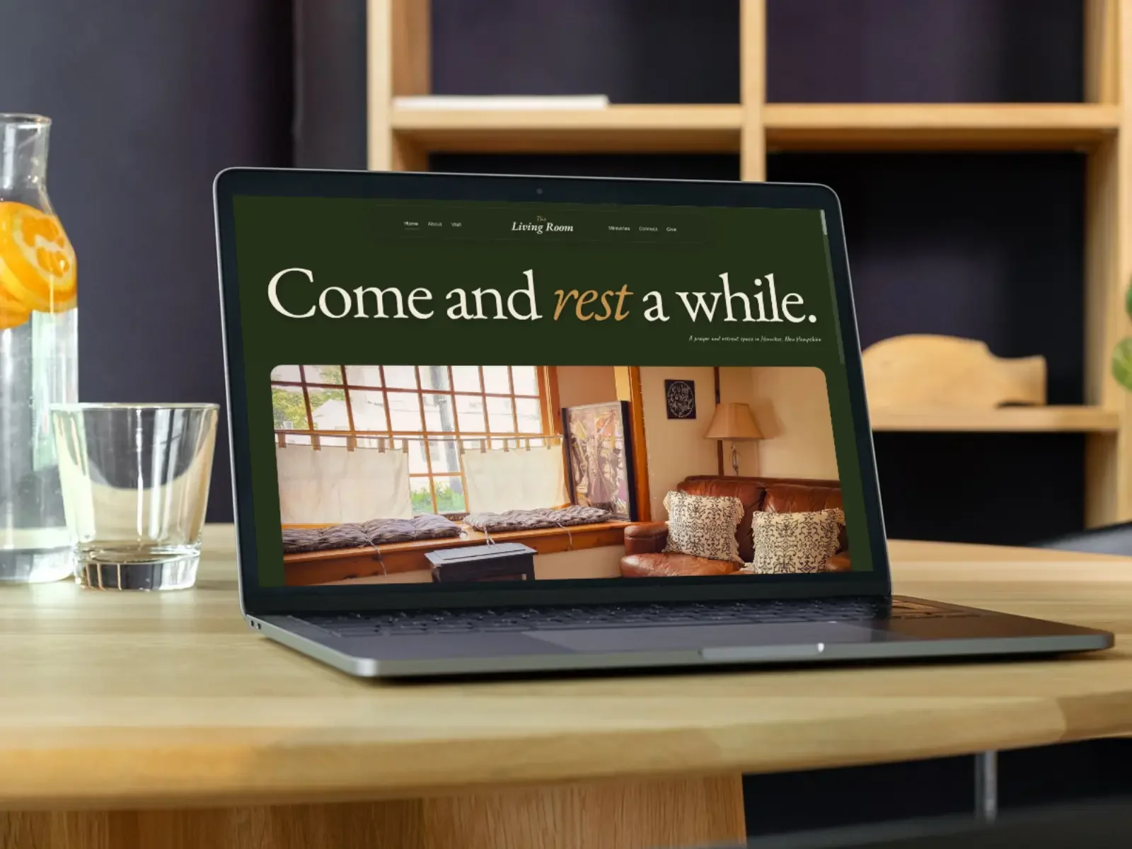 A laptop displaying the Squarespace website Open Tree Creative designed for The Living Room, a nonprofit prayer ministry in Henniker, NH.