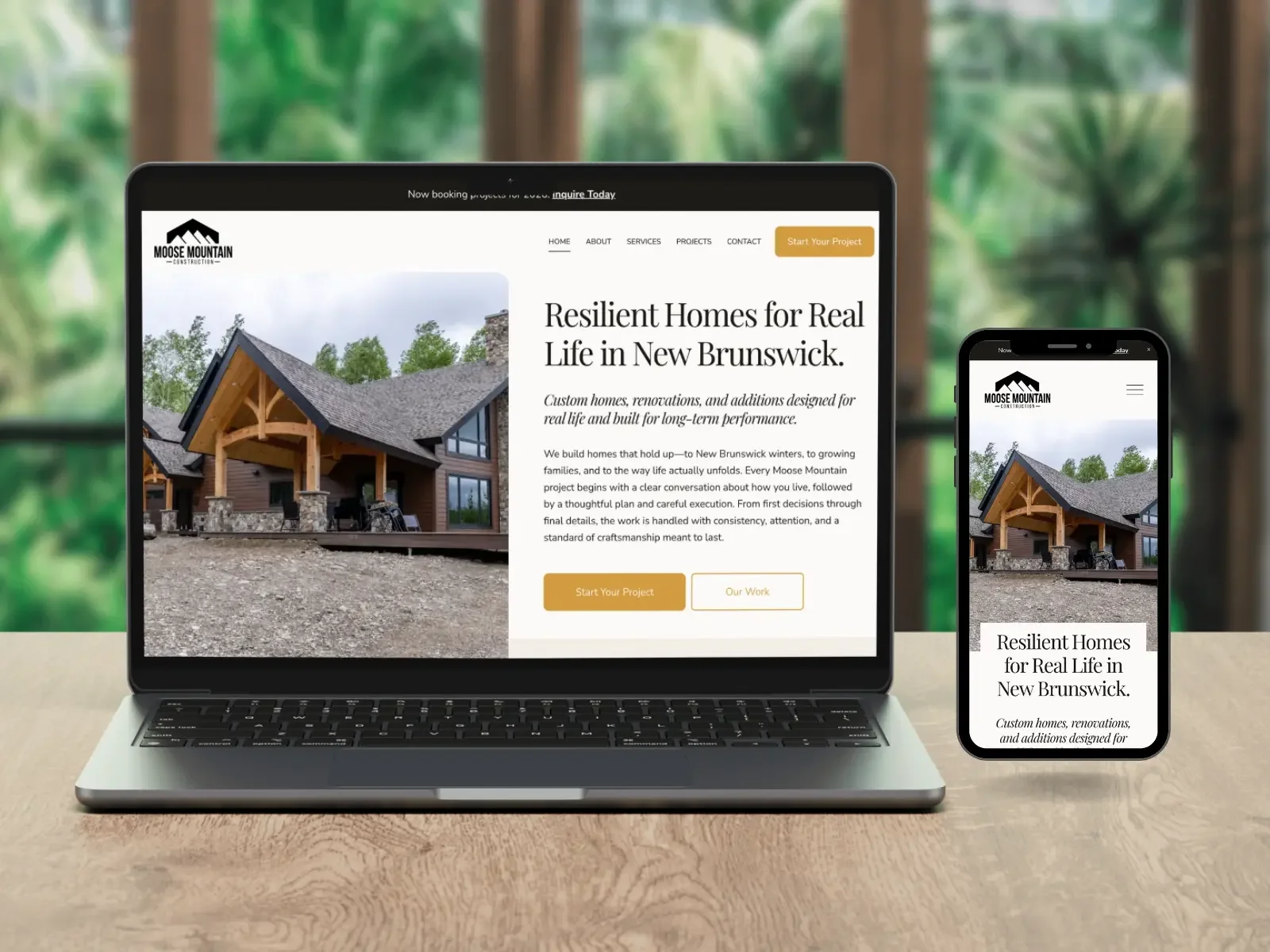 A Squarespace website for custom home builder Moose Mountain Construction, displayed on laptop and mobile, designed by Open Tree Creative in Concord, NH