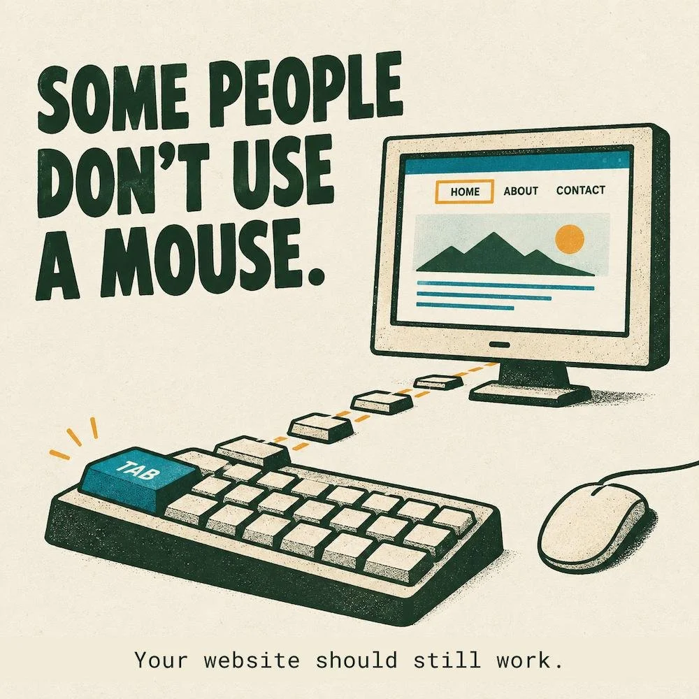 Illustration of a keyboard with the Tab key highlighted and a dotted path leading to a website menu, where the Home link is outlined. An unused mouse sits off to the side.