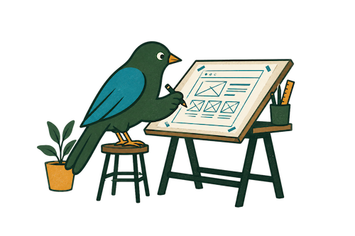 Illustrated bird at a drawing table, sketching out a website wireframe