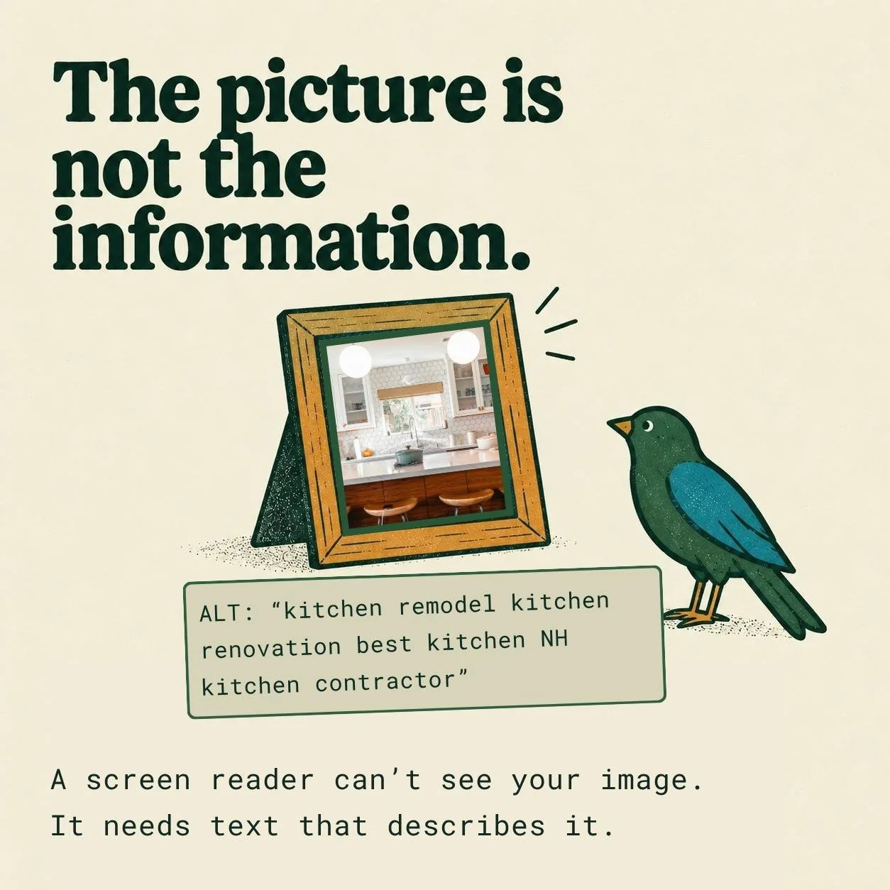 Illustration of a green bird looking at a framed kitchen photo. The label below it shows keyword-stuffed alt text: "kitchen remodel kitchen renovation best kitchen NH kitchen contractor."