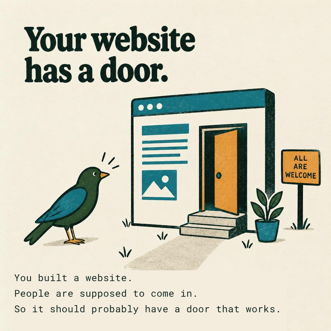 Illustration of a green bird looking at a browser window with an open orange door, steps leading up to it, and a sign beside it reading "All are welcome."