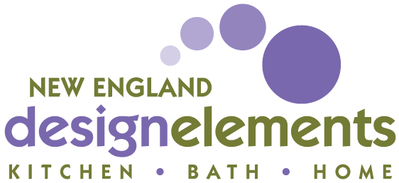 Logo for New England Design Elements featuring purple and green text and circles.