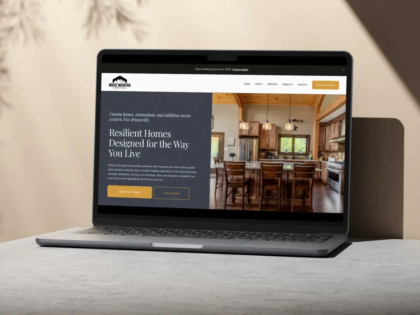 A Squarespace website for a custom home builder displayed on laptop and mobile, designed by Open Tree Creative in Concord, NH.