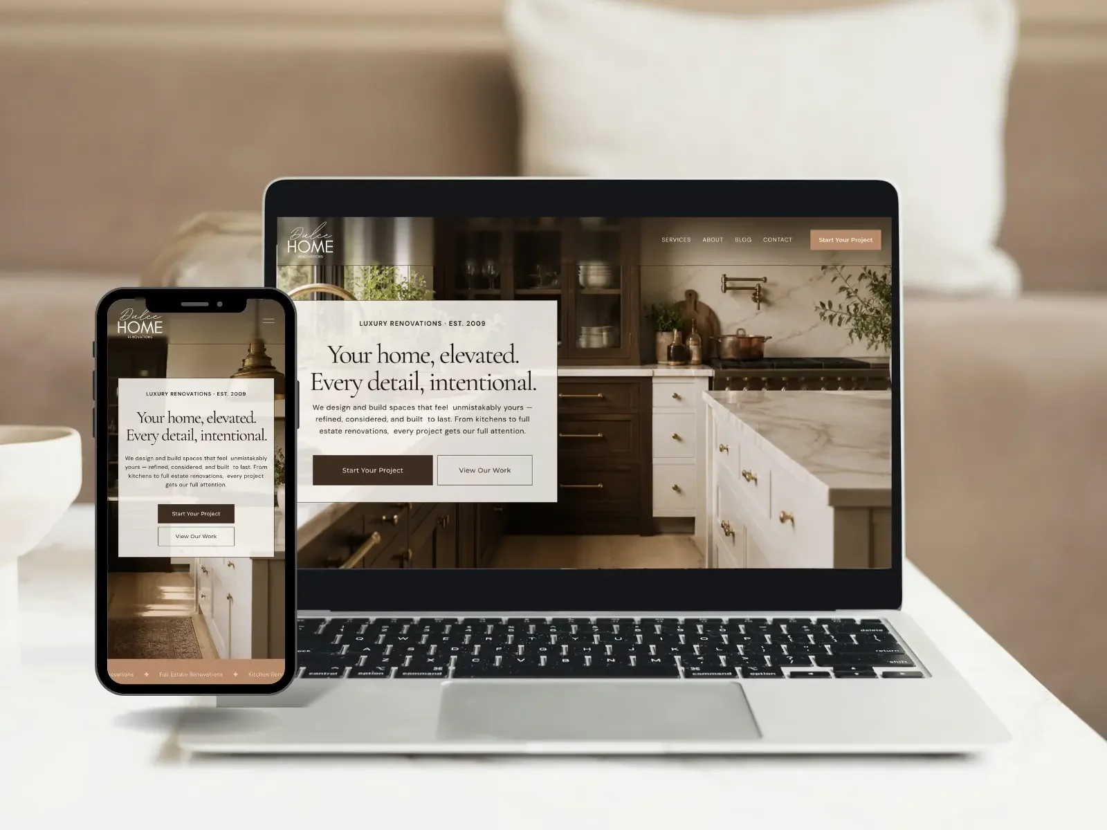 A Squarespace website for a home  and kitchen renovation business, displayed on laptop and mobile, designed by Open Tree Creative in Concord, NH