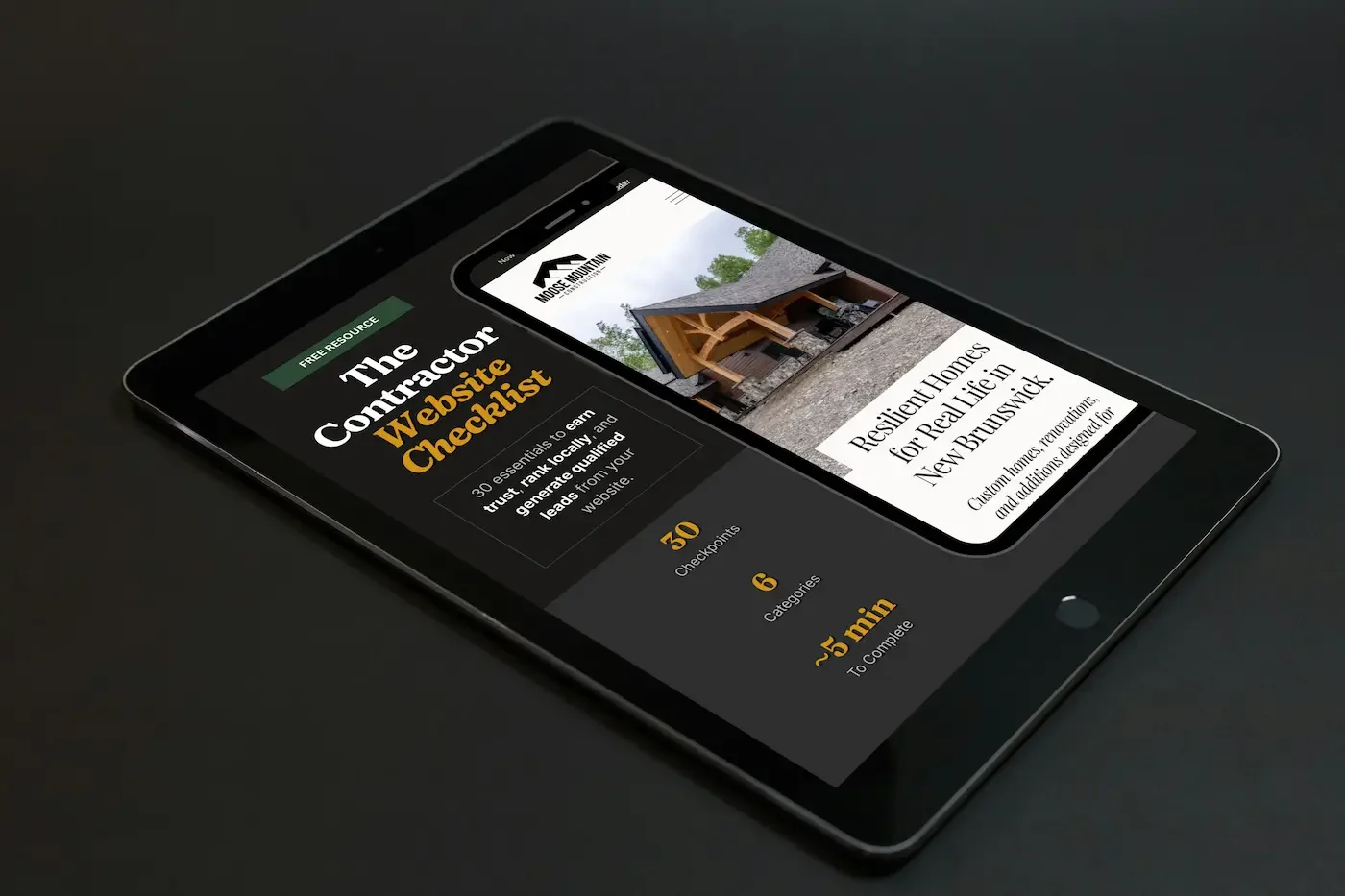 Tablet showing cover of a free website checklist for contractors.