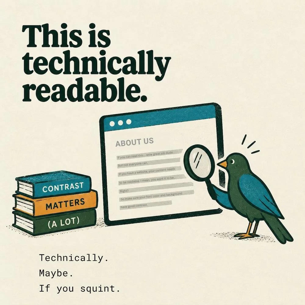 Illustration of a green bird squinting through a magnifying glass at a website with faint gray text on a light gray background. A stack of books beside it reads Contrast Matters (A Lot).