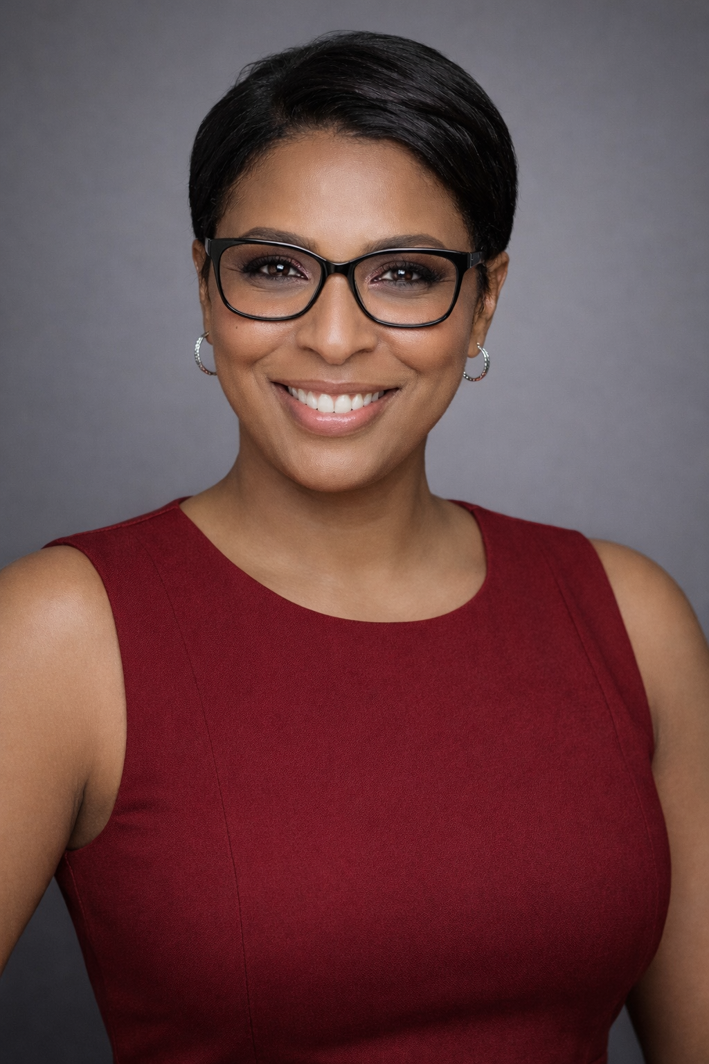 Professional woman with short black hair, wearing glasses and earrings, smiling in a red sleeveless dress with a gray background.