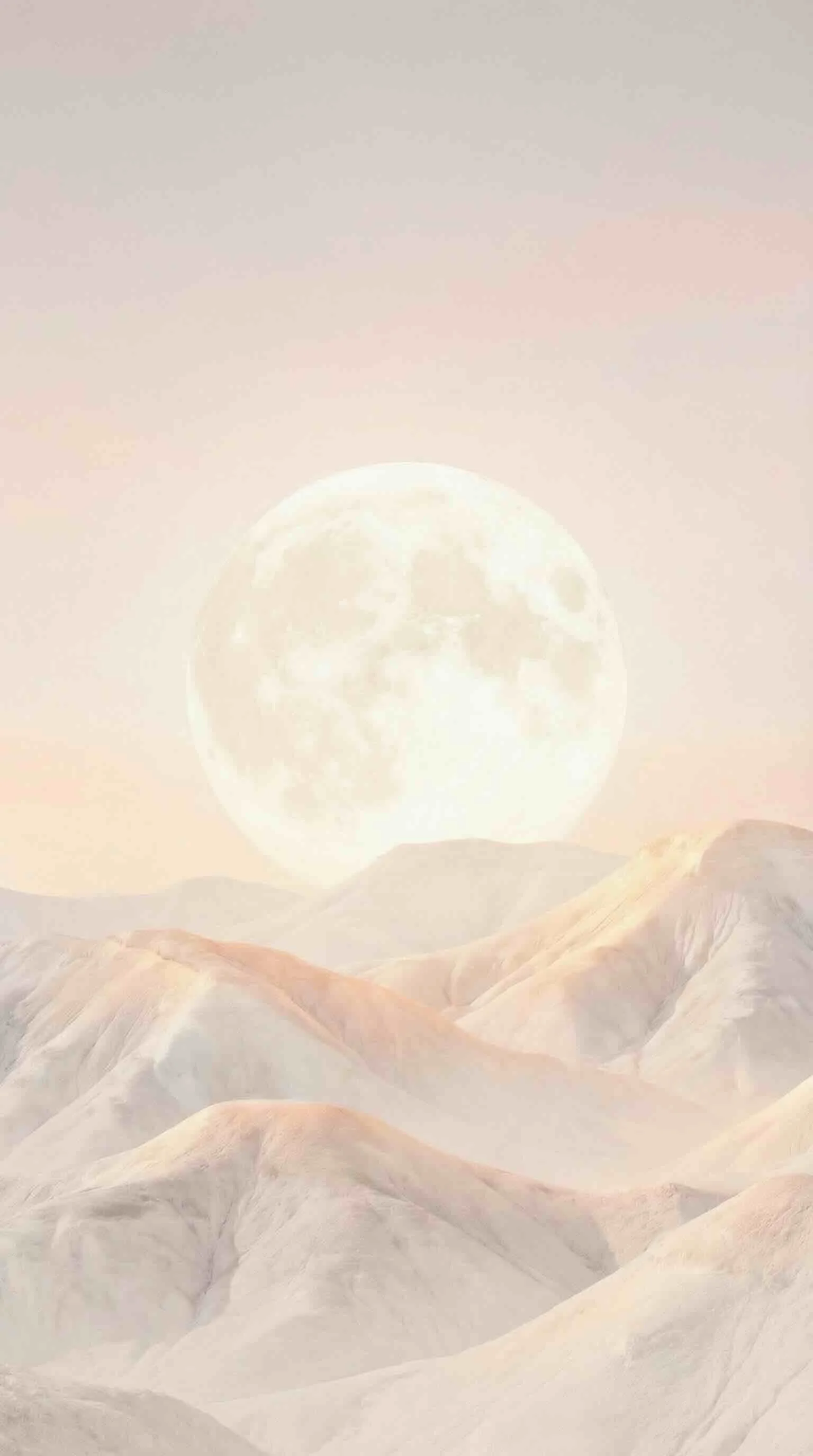 A large, bright full moon rising over pale-colored, rolling desert hills or mountains during sunset or sunrise.