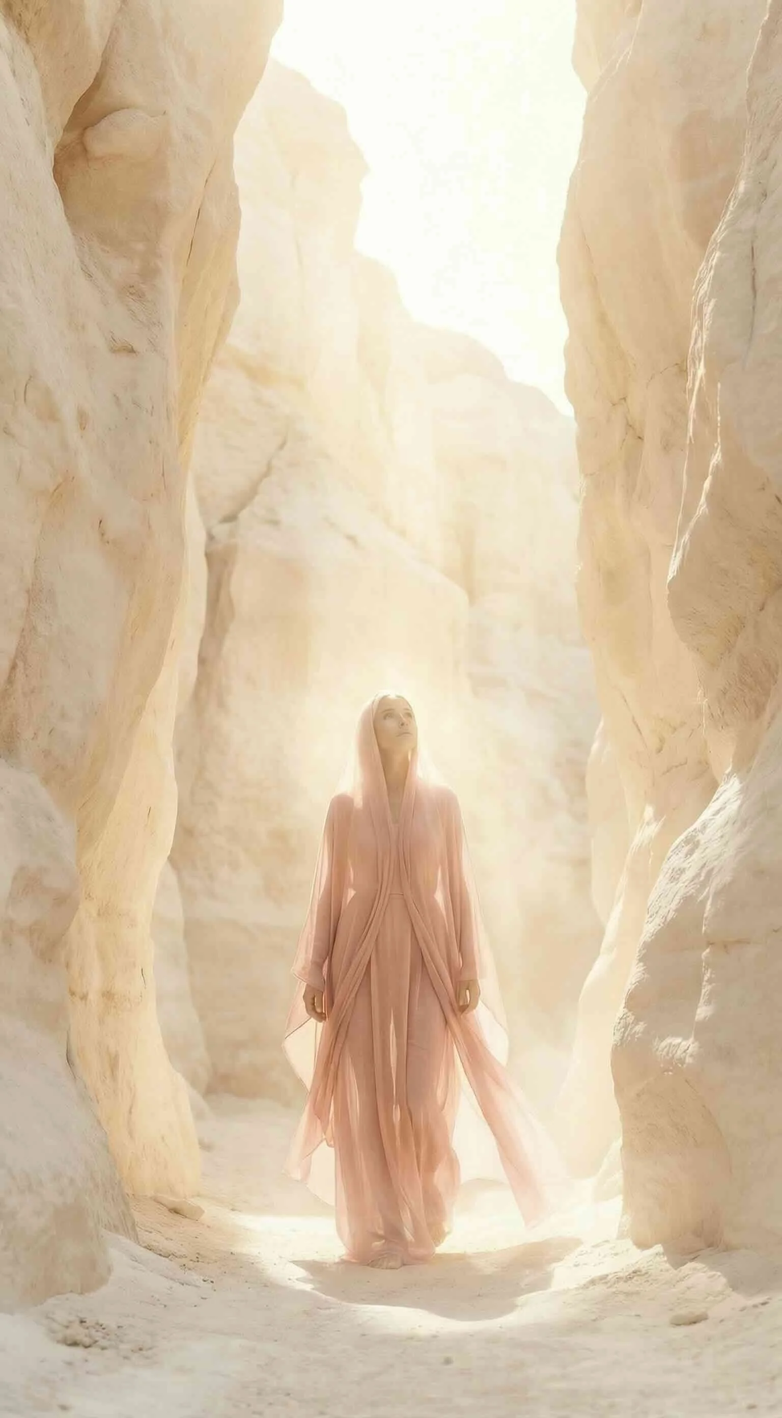 A woman in a flowing pink gown walking through a narrow, sunlit canyon with towering sandstone walls.