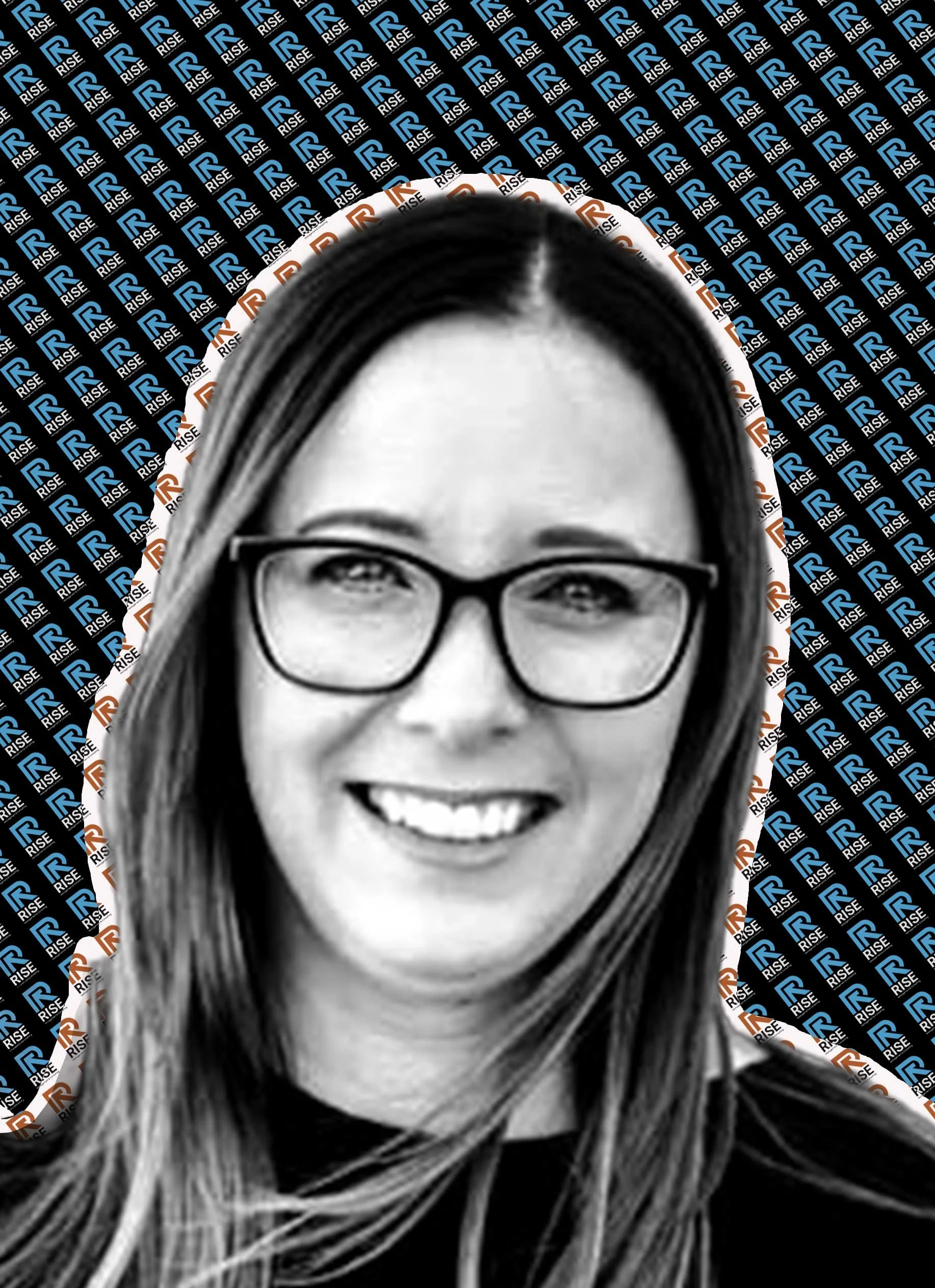 Black and white photo of a smiling woman wearing glasses, with long hair. The background features a pattern of the RISE logo in blue and orange.