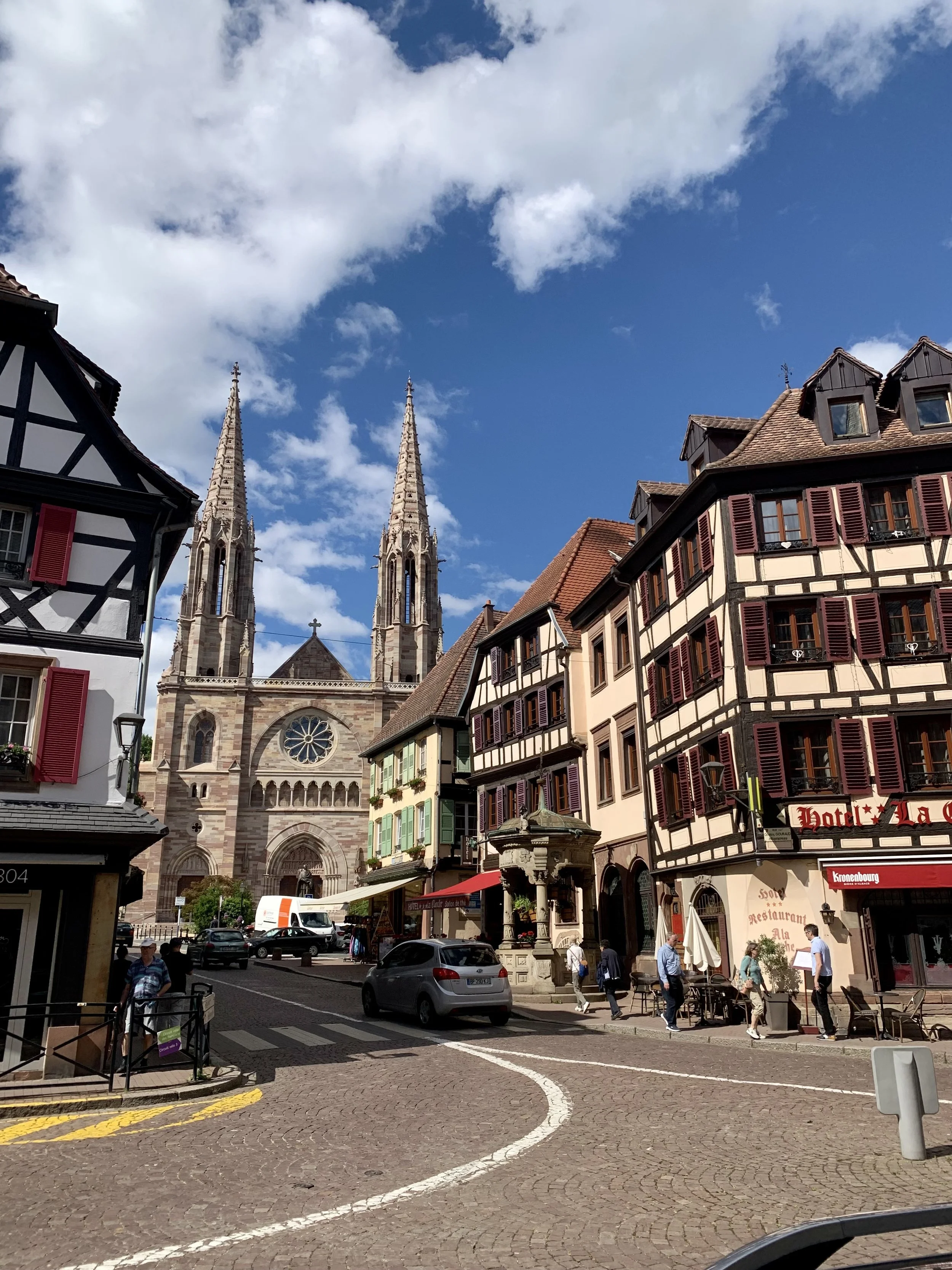 View of a chapel and traditional Alcasian builings in Obernai, France.