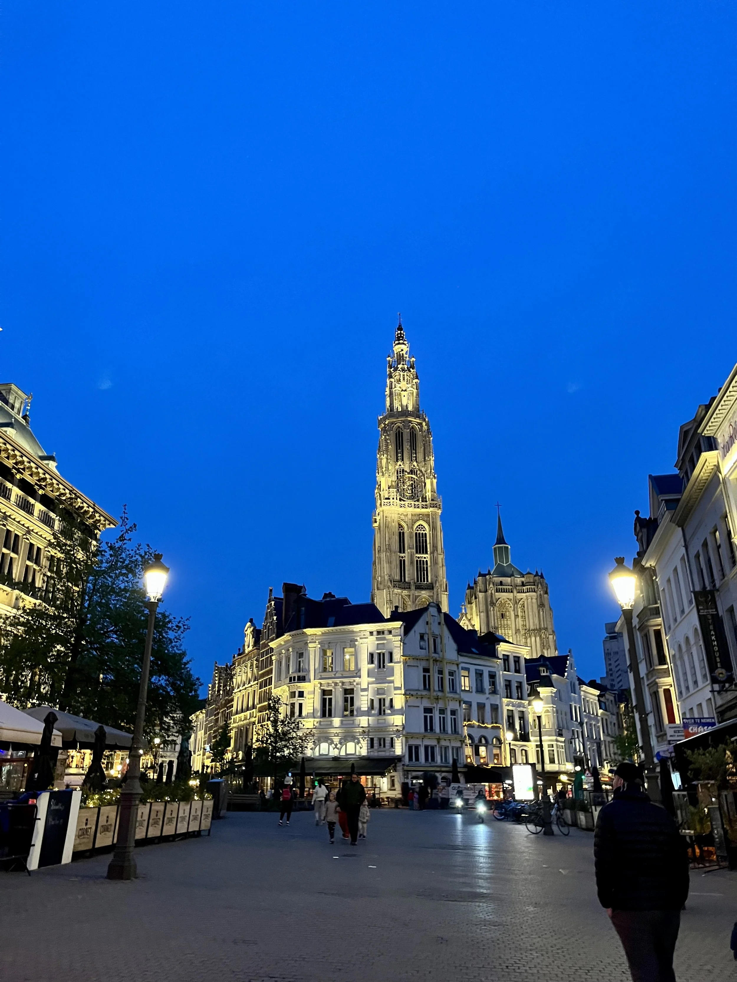 View from the streets of Antwerp with buildings and the Cathedral in the background.