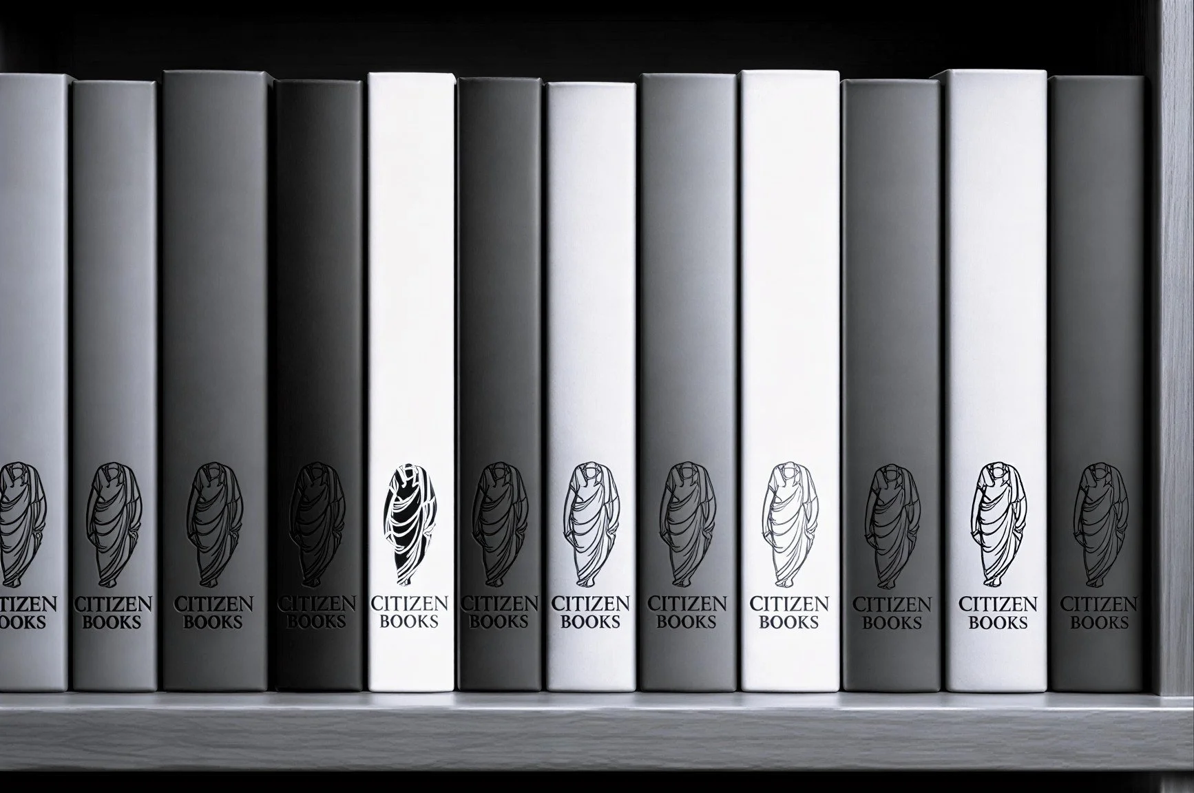 Shelf of white and black books with the logo and text 'Citizen Books' on their spines.