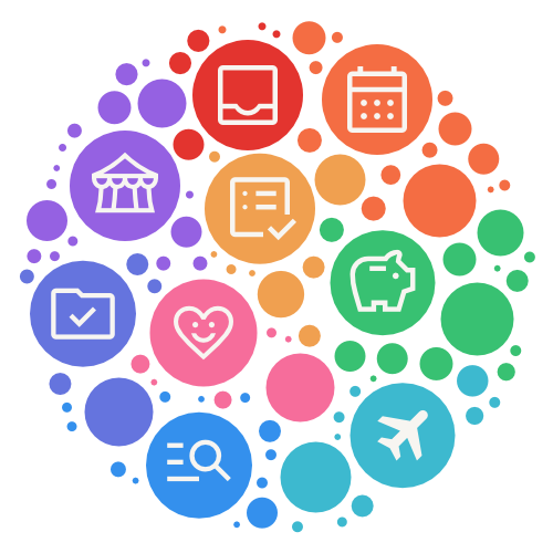 Colorful infographic with icons representing shopping, calendar, communication, finance, travel, health, and productivity.