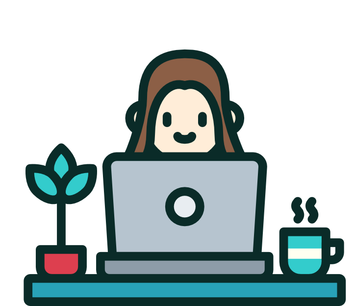 Cartoon illustration of a woman working on a laptop at a desk with a small potted plant and a steaming mug.