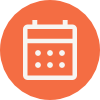 Calendar icon with a white grid on an orange circular background.