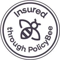A circular logo with a bee illustration and the text 'Insured through PolicyBee'.