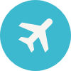 White airplane icon on a blue circular background