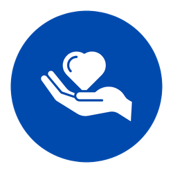 A blue circle icon with a white hand holding a heart.