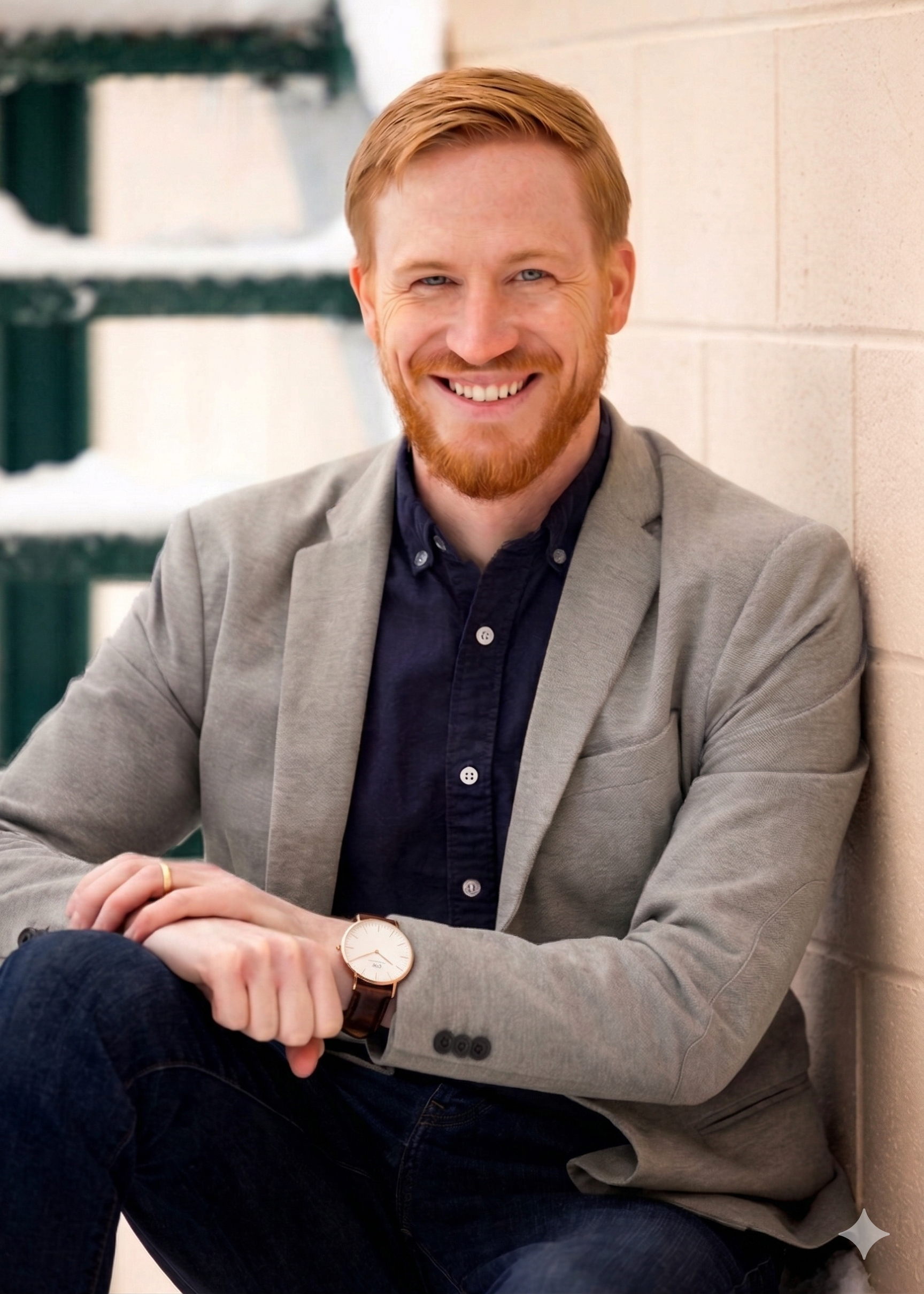 A smiling man with red hair and beard, wearing a light grey blazer and dark shirt, sitting against a light-colored wall, with stairs in the background.